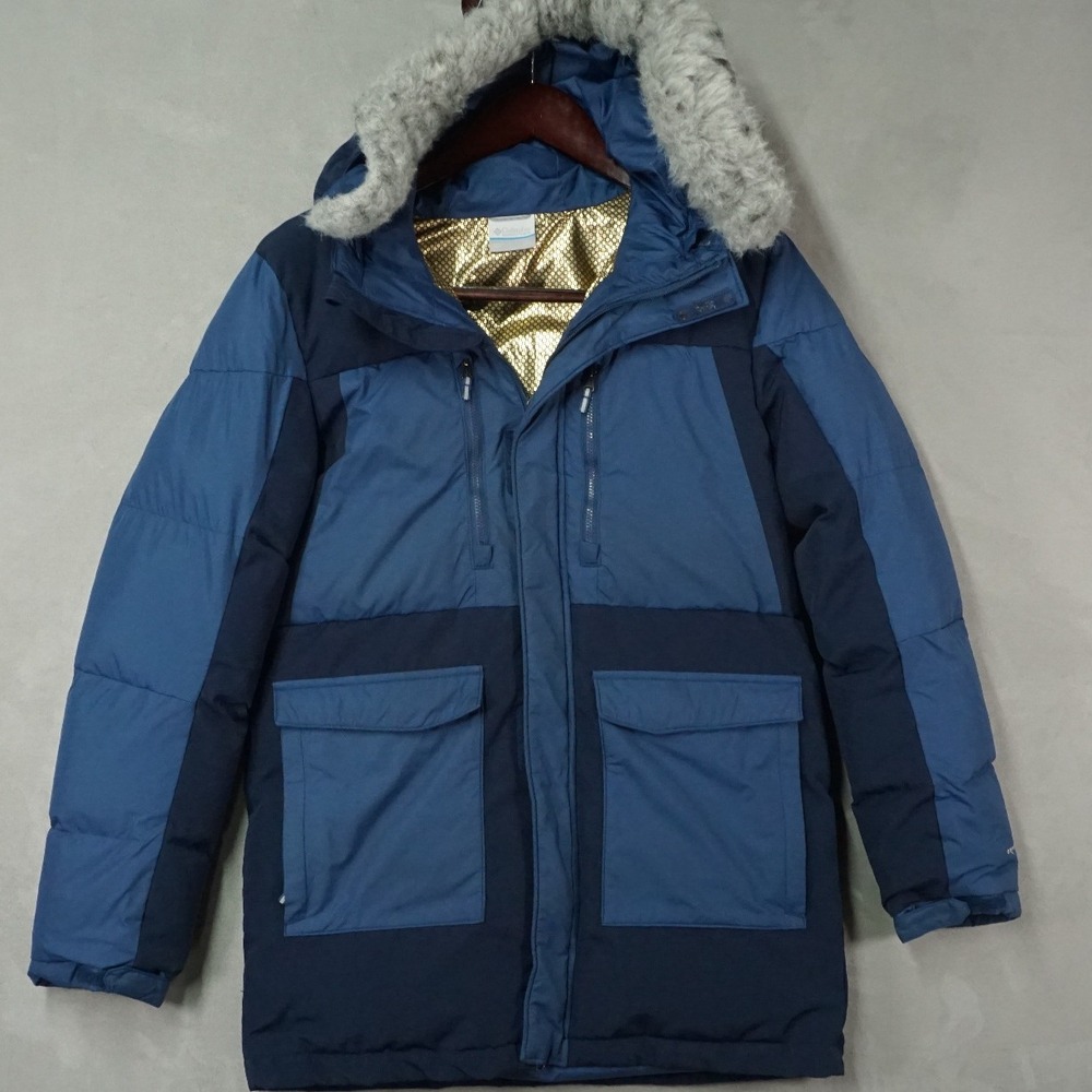 Columbia Marquam Peak Fusion Parka Jacket Mens L Blue Puffer Omni-Heat Infinity
